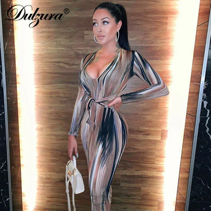 Tie Dye Print Bodycon Midi Dress - Long Sleeve Bandage Dress - Shello's Creative Boutique