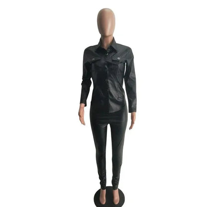 Sexy Two Piece Set Women Plus Size PU Leather Long Sleeve Top and Bodycon Pant Suit - Shello's Creative Boutique