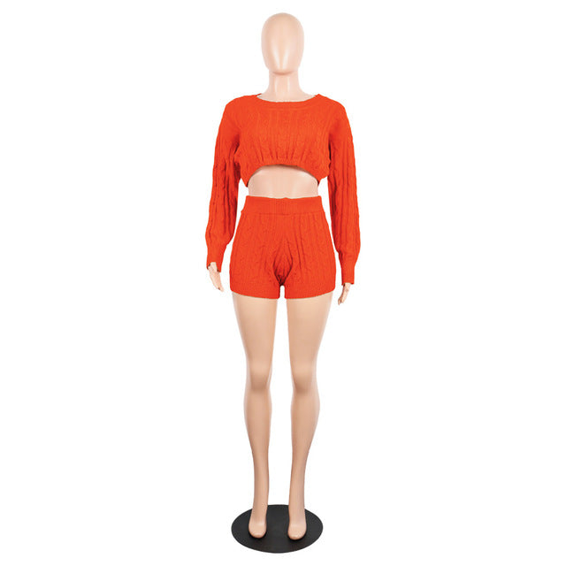 2 Two Piece Set Women Clothes Autumn Winter Outfits Long Sleeve Knit Sweater Tops+Bodycon Shorts Suit Sexy Matching Sets eprolo