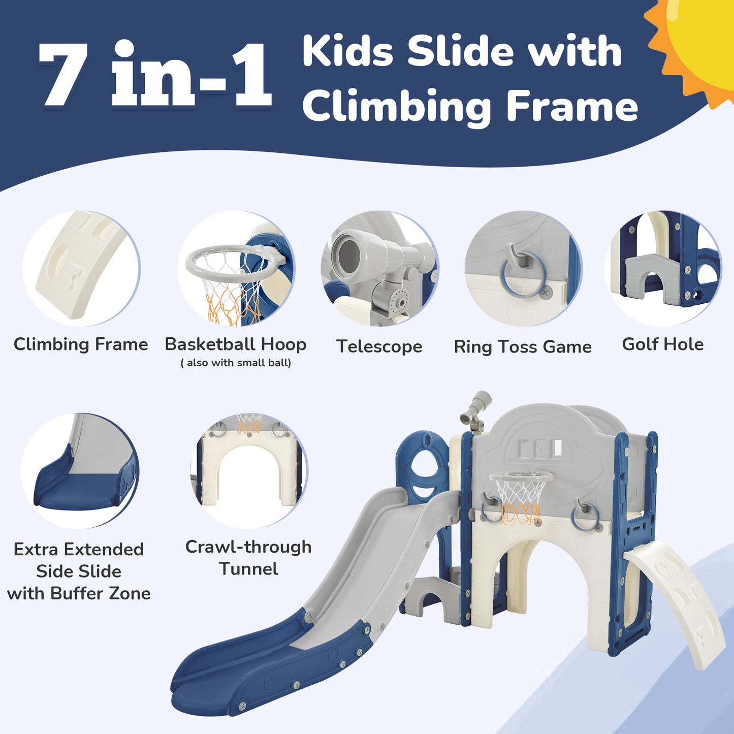 Kids Slide Playset Structure 7 in 1, Freestanding Spaceship Set with Slide, Arch Tunnel Blue+Grey + HDPE eprolo