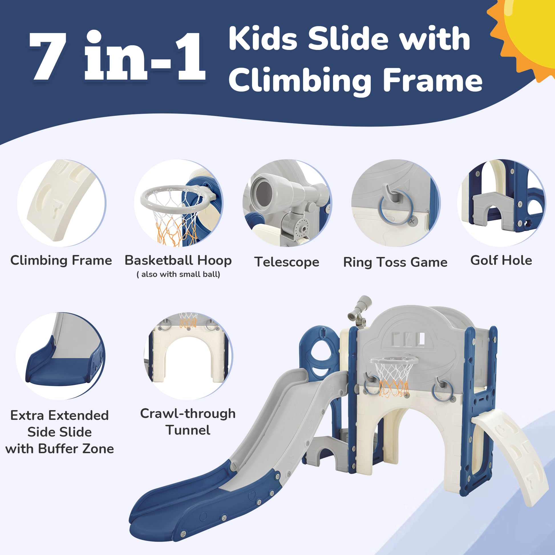 Kids Slide Playset Structure 7 in 1, Freestanding Spaceship Set with Slide, Arch Tunnel Blue+Grey + HDPE eprolo