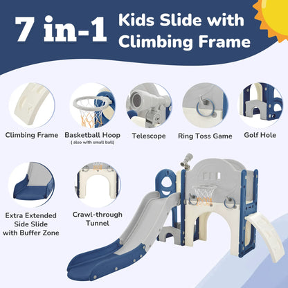 Kids Slide Playset Structure 7 in 1, Freestanding Spaceship Set with Slide, Arch Tunnel Blue+Grey + HDPE - Shello's Creative Boutique