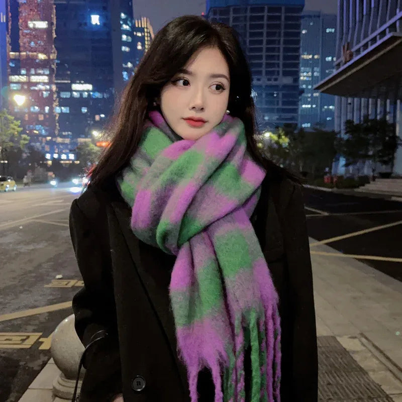 Women Plaid Scarf Winter Pashmina Shawls Cashmere Thick Wraps Lady Tassel Warm Scarves Rainbow - Shello's Creative Boutique