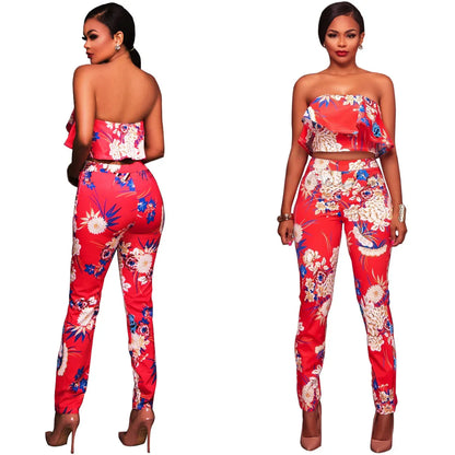 Summer Women Clothes Plus size Flower two piece set Print off shoulder crop top Ruffles cropped Tops Pants Pattern suit - Shello's Creative Boutique