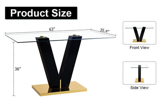 Large Modern Minimalist Rectangular Glass Dining Table for 6-8 with 0.4" Tempered Glass Tabletop and MDF slab V-Shaped Bracket eprolo