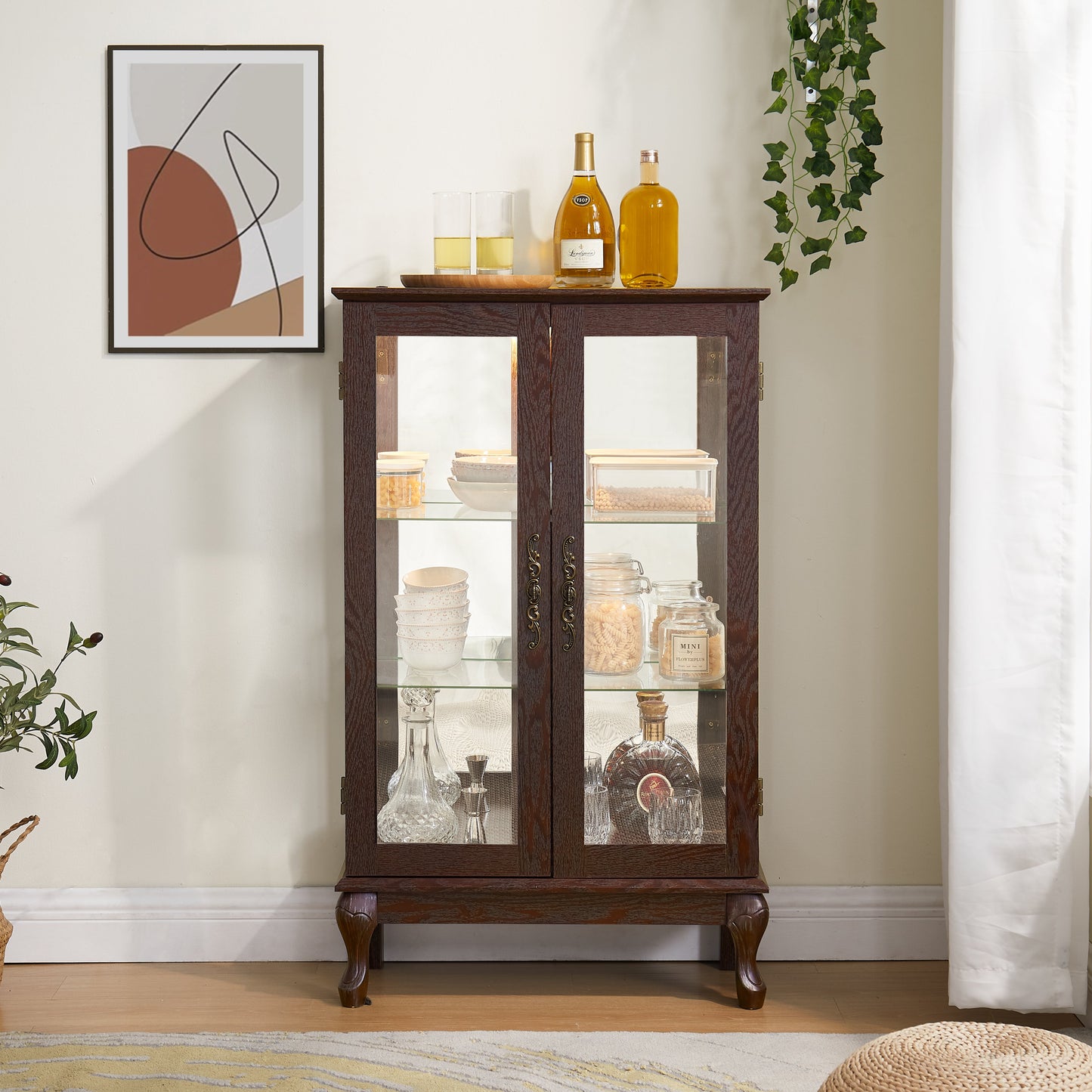 Dual door Curio cabinet with tempered glass mirror back panel and adjustable shelf display cabinet with light bulbs cherry color eprolo