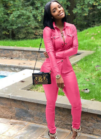 Sexy Two Piece Set Women Plus Size PU Leather Long Sleeve Top and Bodycon Pant Suit - Shello's Creative Boutique