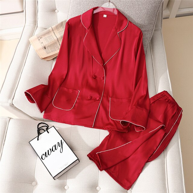 2 Pieces Faux Silk Satin Pajamas Set Autumn Women Sleepwear eprolo