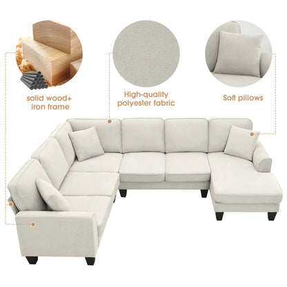 Modern U-Shape Sectional Sofa – 7-Seat Fabric Sofa Set with Pillows for Living Room, Apartment & Office - Shello's Creative Boutique