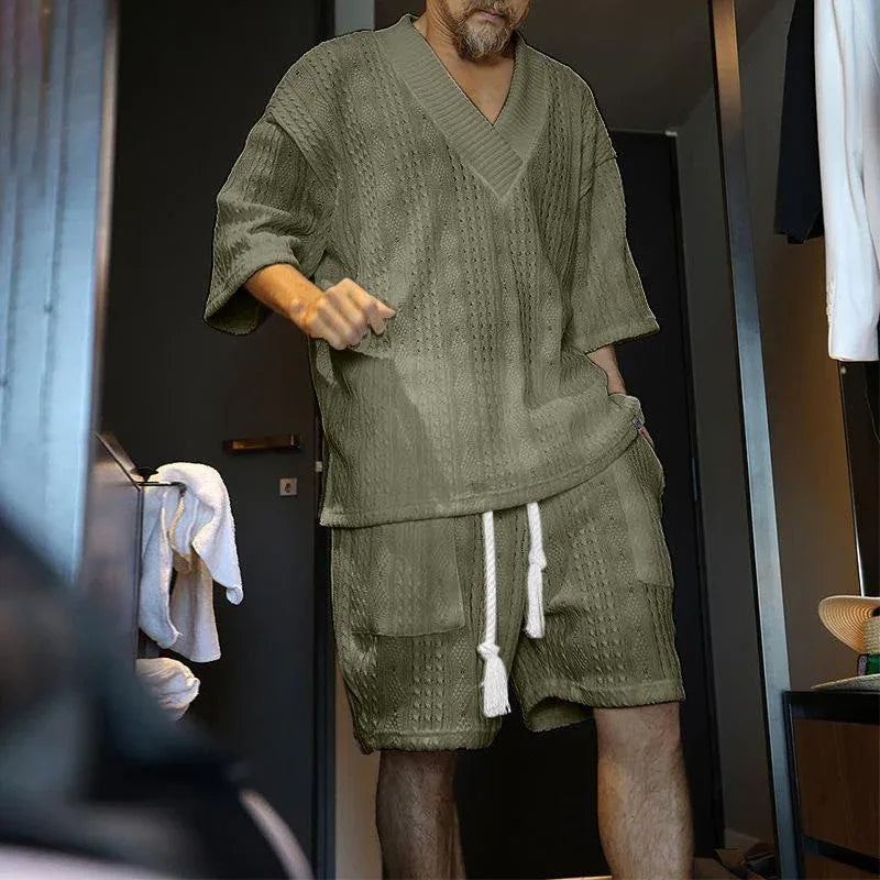 Summer Casual Shorts Set Knitted Two Piece Men's Clothing V-Neck Short Sleeve T-shirt and Shorts Streetwear Knit Outfits - Shello's Creative Boutique