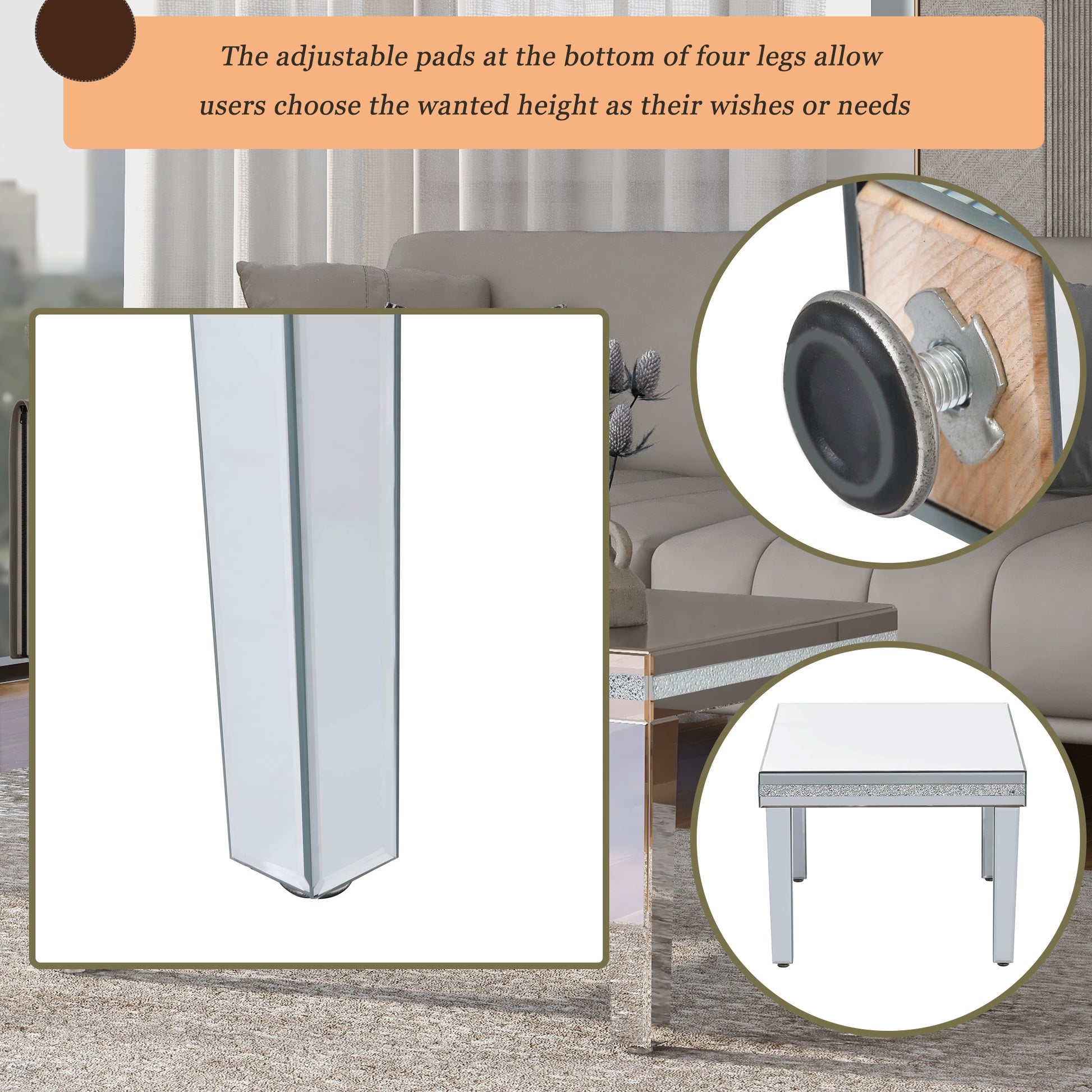 The ON-TRANS stylish modern glass mirrored coffee table features a crystal design and adjustable height legs in silver eprolo
