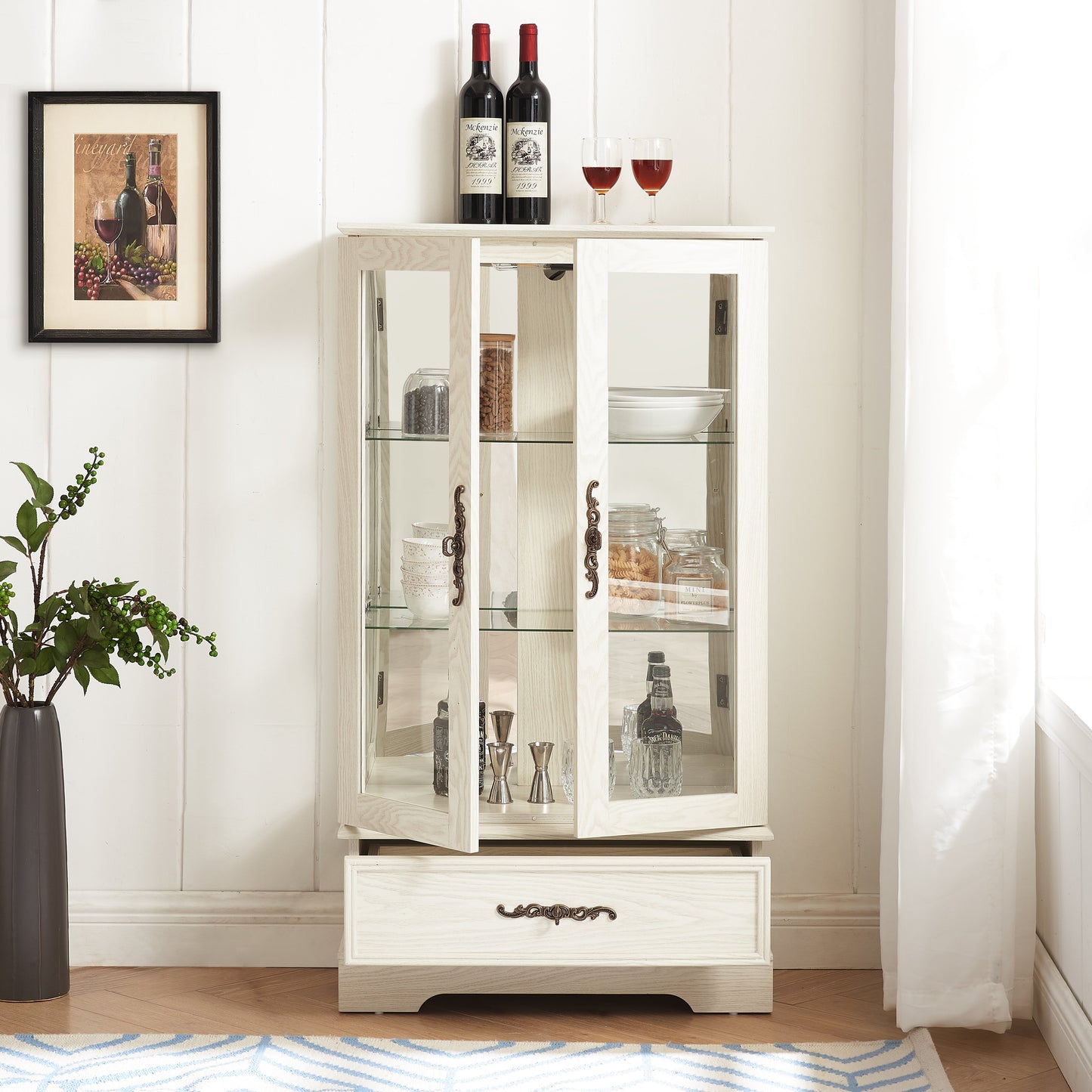 Light colored glass cabinet Curio display cabinet with adjustable glass frame, 2 doors and 1 drawer, including white light bulbs eprolo