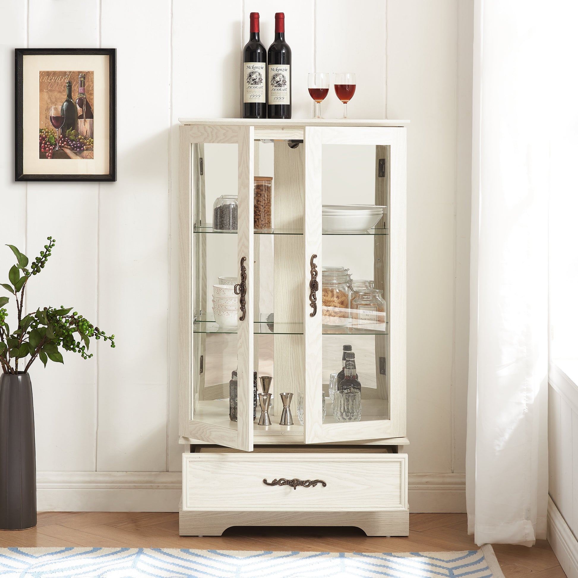 Light colored glass cabinet Curio display cabinet with adjustable glass frame, 2 doors and 1 drawer, including white light bulbs eprolo