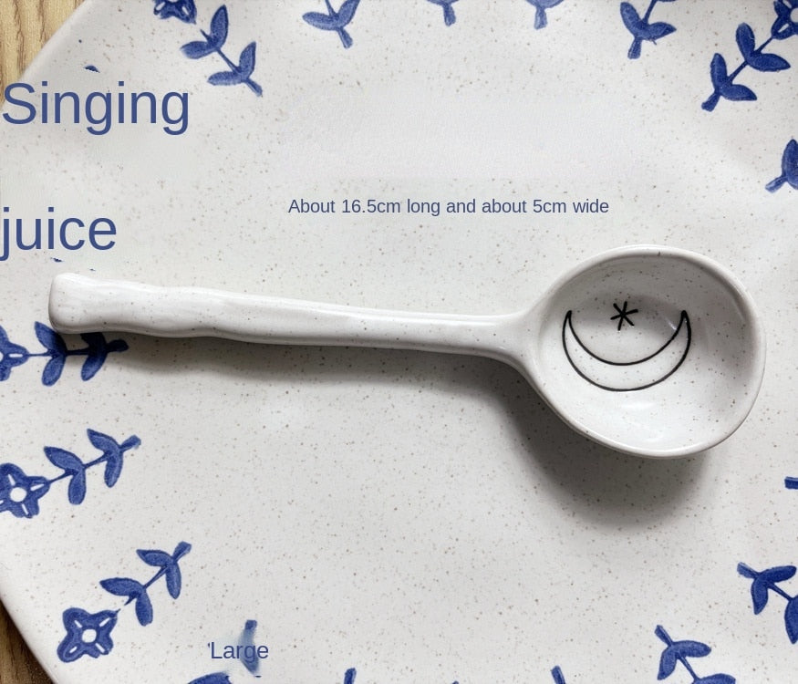 Ins Style Japanese Style Stoneware Small Soup Spoon Ceramic Spoon, Long Handle Spoon Household Cute Creative Rice Spoon eprolo