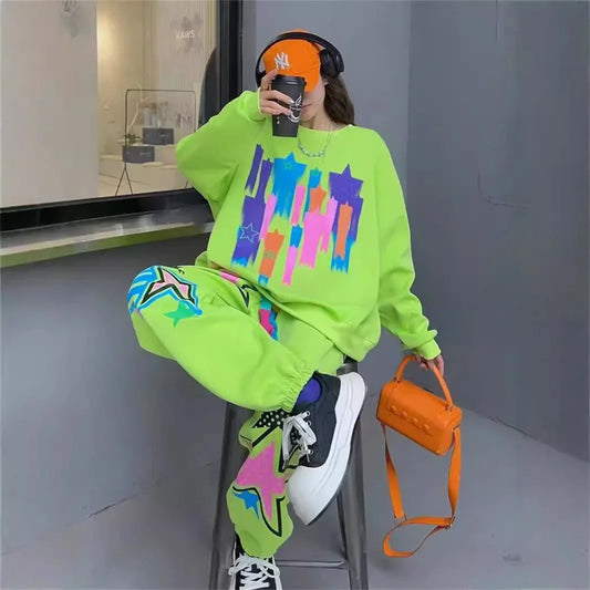 Hoodie women's long and fashionable cartoon graffiti print loose casual round neck autumn outfit set - Shello's Creative Boutique
