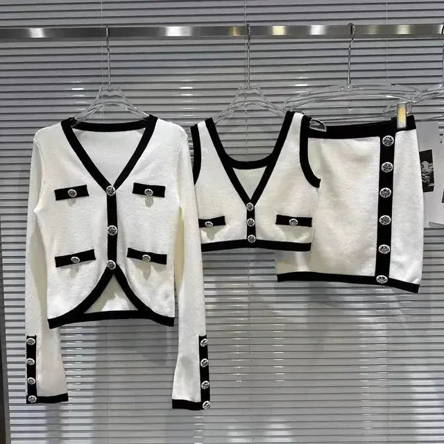 Vintage Knit 3-Piece Set - Cardigan Vest & Mini Skirt Outfit - Shello's Creative Boutique