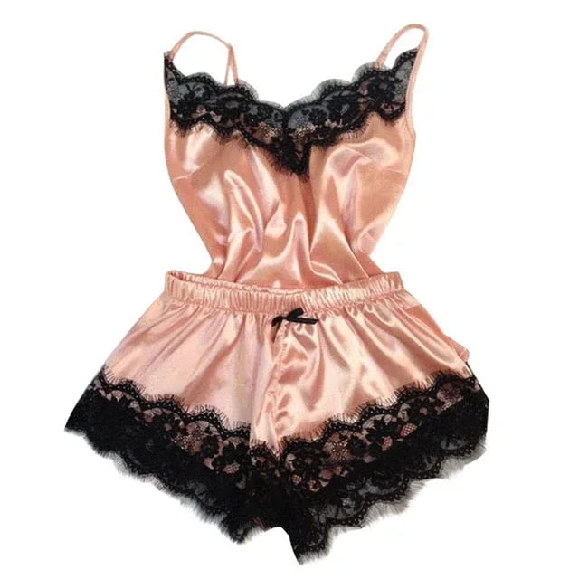 Satin Lace Pyjama Set - Black Cami Top & Shorts - Shello's Creative Boutique