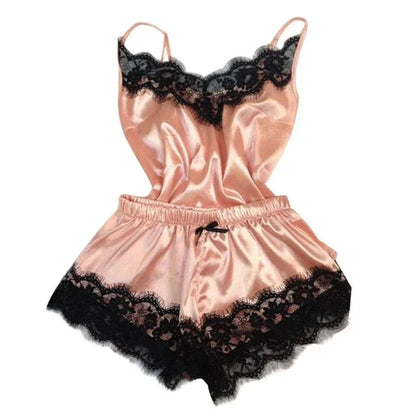 Satin Lace Pyjama Set - Black Cami Top & Shorts - Shello's Creative Boutique