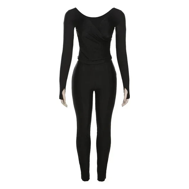 Autumn Solid Casual Two Piece Set Women Sexy Wrapped V Neck Off Shoulder Gloves Long Sleeve Crop Top Slim Split Pants Suits - Shello's Creative Boutique