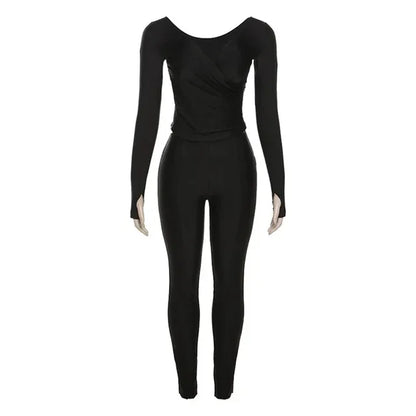 Autumn Solid Casual Two Piece Set Women Sexy Wrapped V Neck Off Shoulder Gloves Long Sleeve Crop Top Slim Split Pants Suits - Shello's Creative Boutique