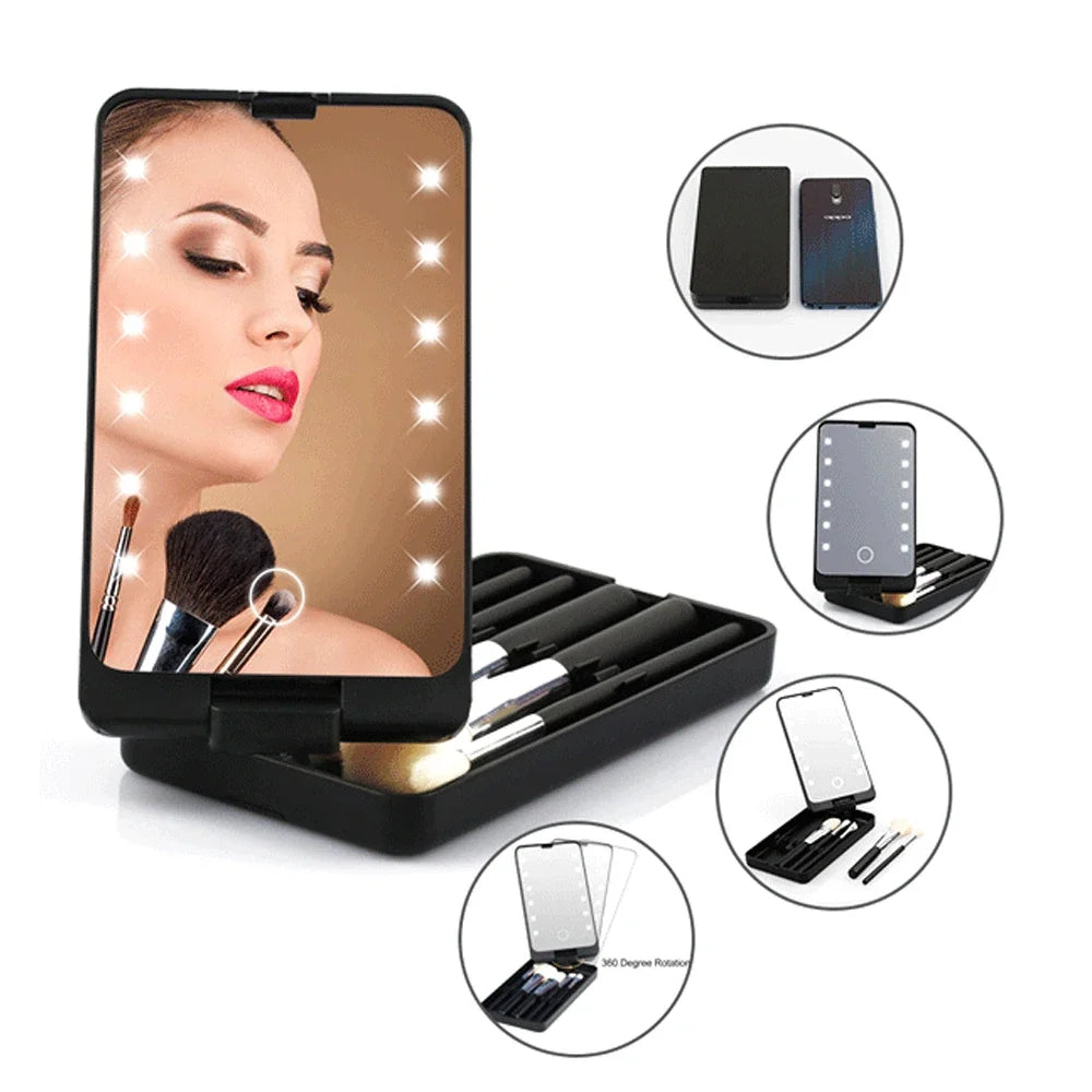 LED Folding Rotating Cosmetic Mirror Box with Brush Shello Creative Boutique
