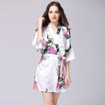 Women Faux Silk Robe Satin Wedding Bride Robe Large Size Sexy Floral Bathrobe Short Nightwear Women Pajamas Kimono eprolo