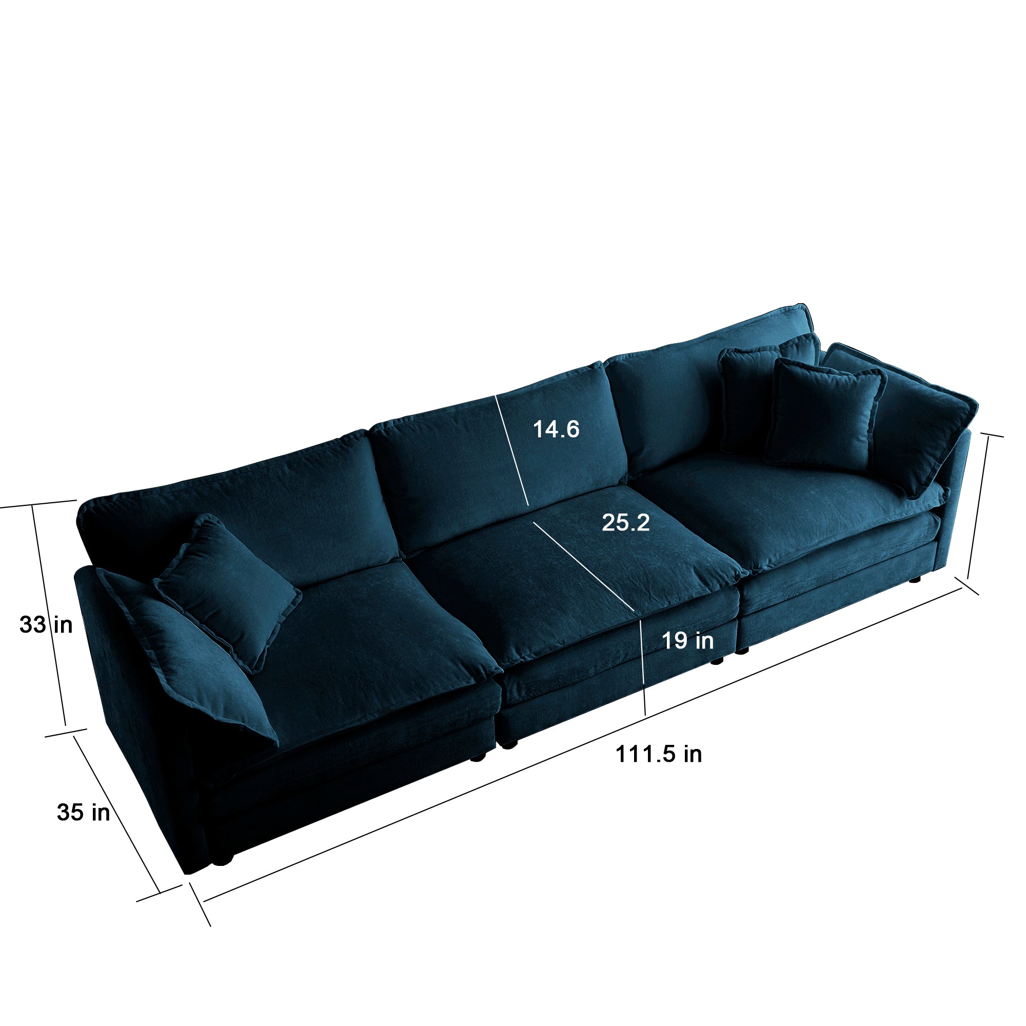 Mid-Century Modern Couch 3-Seater Sofa with 2 Armrest Pillows and 3 Toss Pillows, Couch for Living Room Blue Chenille Shello Creative Boutique