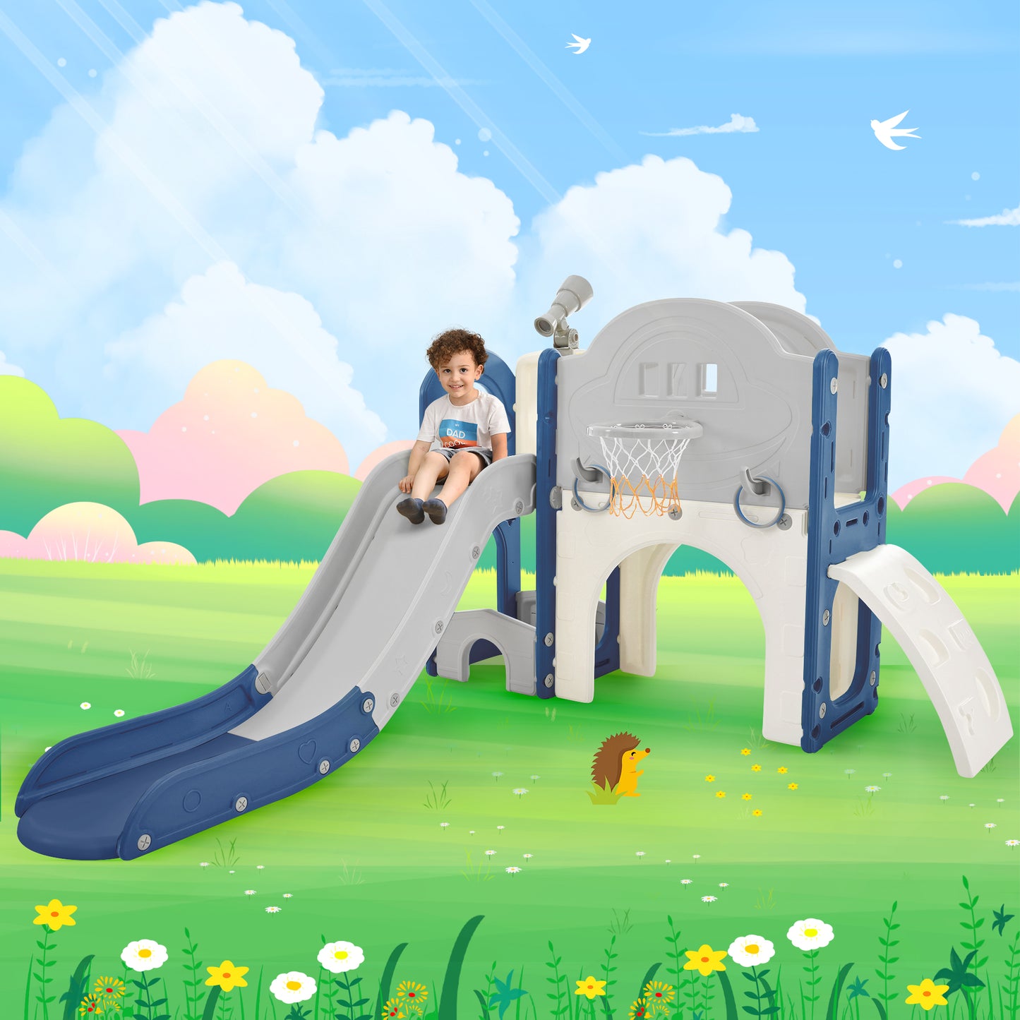 Kids Slide Playset Structure 7 in 1, Freestanding Spaceship Set with Slide, Arch Tunnel Blue+Grey + HDPE eprolo