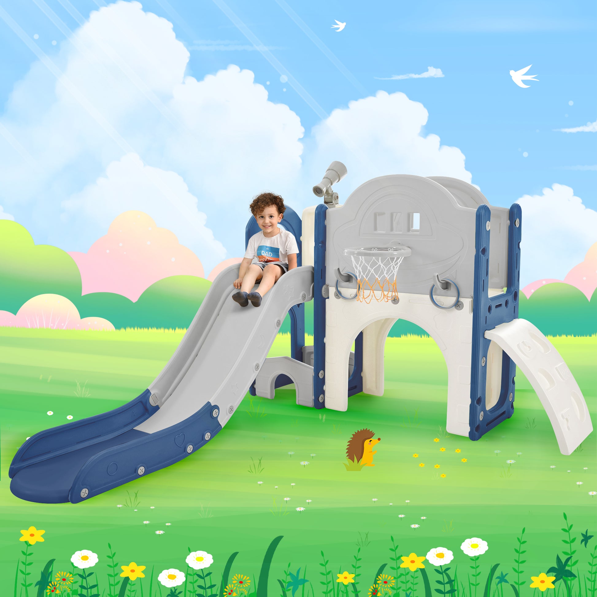 Kids Slide Playset Structure 7 in 1, Freestanding Spaceship Set with Slide, Arch Tunnel Blue+Grey + HDPE eprolo