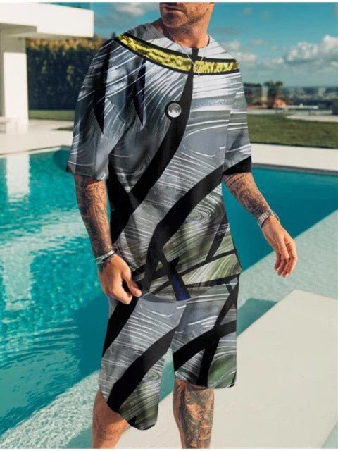 New Men's Korean Suit 3D Printing Trend Digital Printing Round Neck T-Shirt Casual Two-Piece Suit eprolo