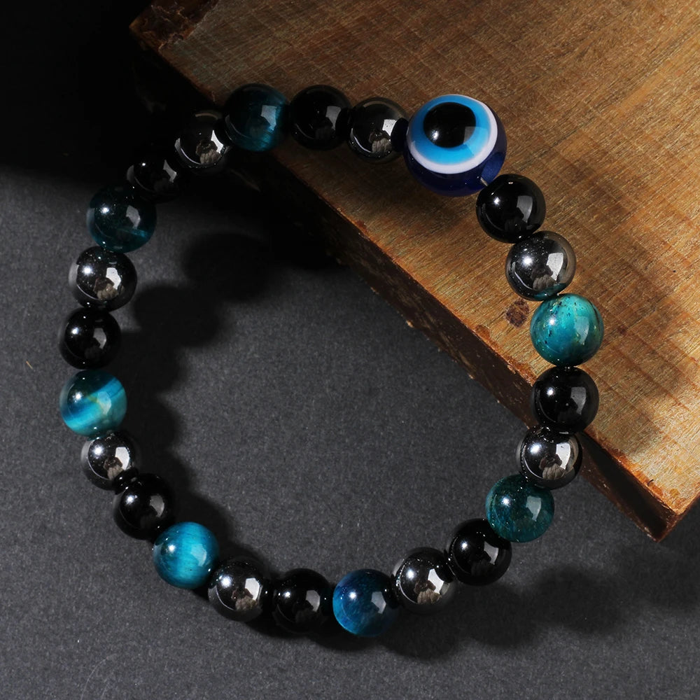 Natural Blue Tiger Eye Stone Bracelet – Unisex Handmade Stretch Beaded Bangle