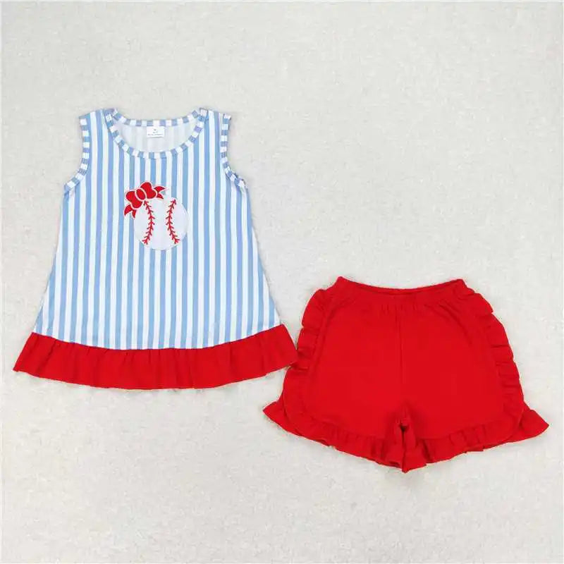 Baseball Stripe Summer Sibling Romper Set – Unisex Blue Striped Short Sleeve Outfit (Ages 4–6) Shello's Creative Boutique
