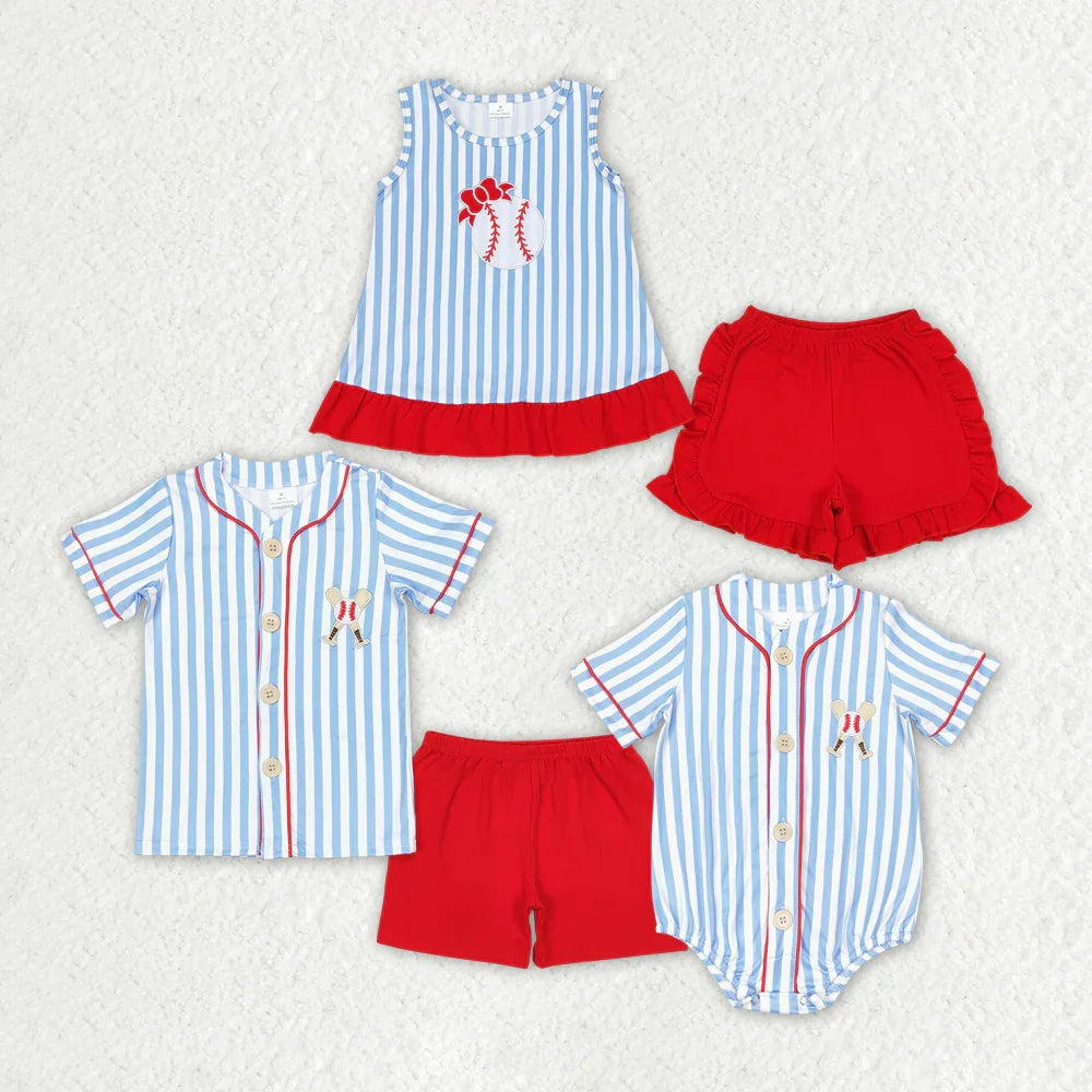 Baseball Stripe Summer Sibling Romper Set – Unisex Blue Striped Short Sleeve Outfit (Ages 4–6) Shello's Creative Boutique