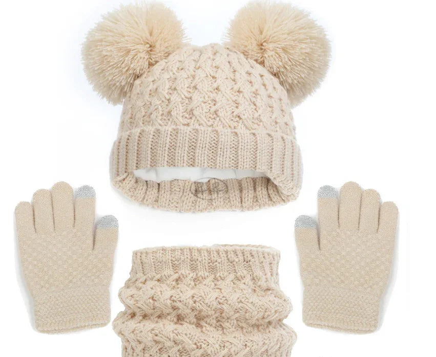European and American children's hats, scarves, gloves, three piece set, autumn and winter plush and thickened double ball baby hats - Shello's Creative Boutique