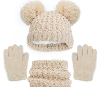 European and American children's hats, scarves, gloves, three piece set, autumn and winter plush and thickened double ball baby hats - Shello's Creative Boutique