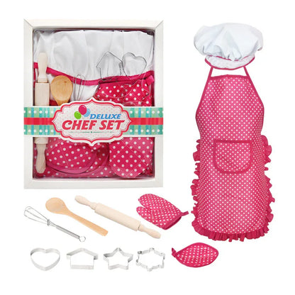 Children's Play House Kitchen Set Girls Cooking Baking Tools Cookware Pink Apron 11-Piece Toy Set - Shello's Creative Boutique