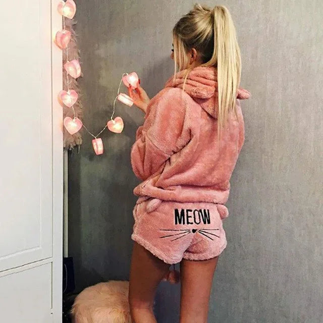 Women Pajama Sets Winter Warm Pyjamas Ladies Homewear Sleepwear Cartoon Cat Embroidery Female Nightgown Suit - Shello's Creative Boutique