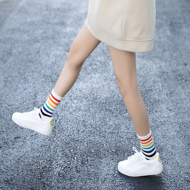 Rainbow Striped Harajuku Socks - Fun Cotton Short Socks for Women