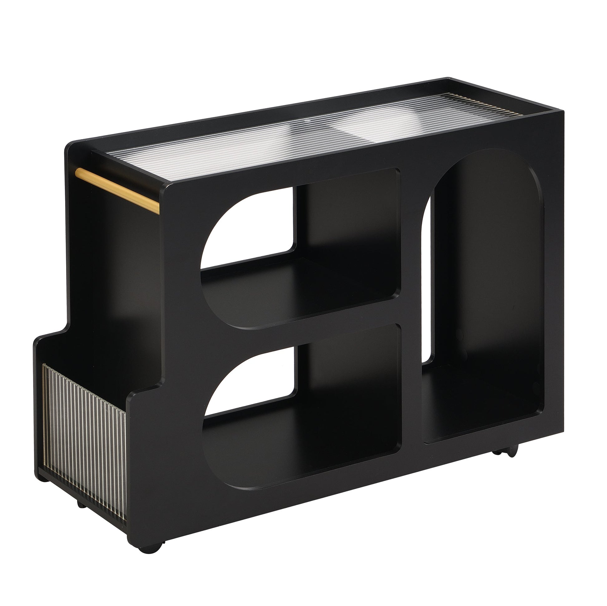 Stylish mobile desk with lockable wheels,bedside table with 5mm thick grooved tempered glass and gold round bars ，black eprolo