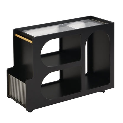 Stylish mobile desk with lockable wheels,bedside table with 5mm thick grooved tempered glass and gold round bars ，black eprolo