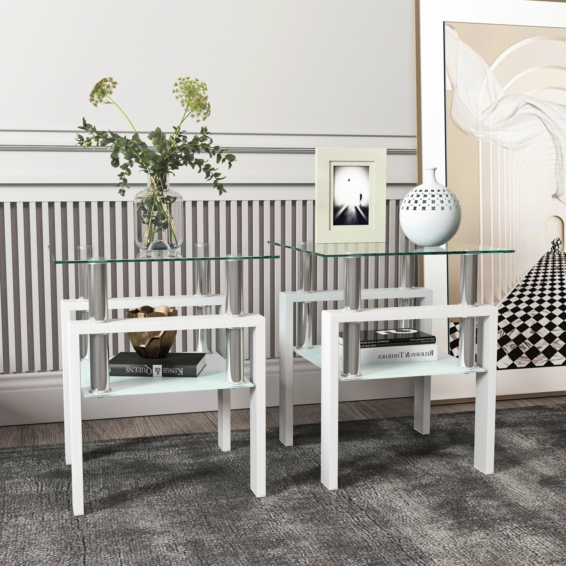 Set of 2, Modern Tempered Glass Tea Table Coffee Table End Table, Square Table for Living Room, Transparent/White eprolo