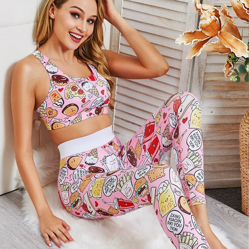 Cartoon Food Printed Pink Two Piece Set Fitness Women Crop Top and Pants Set Ladies 2 Piece Outfits Workout Outfits Matching Set - Shello's Creative Boutique