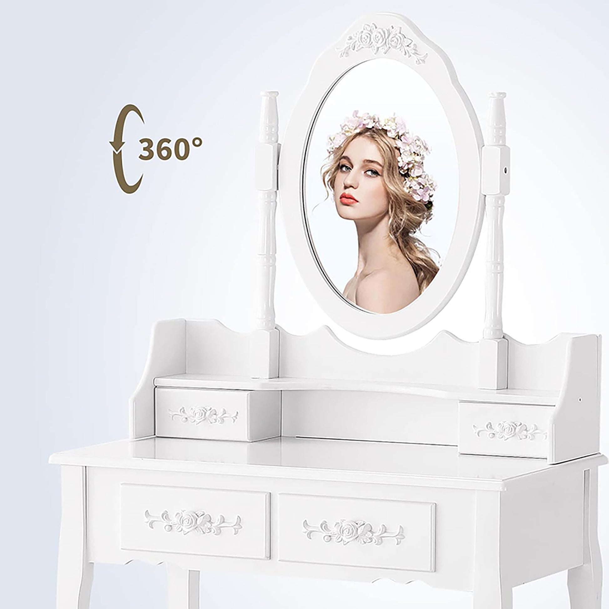 Vanity Table Set with 4 Drawer, Makeup Dressing Table w/Cushioned Stool, Girls Women Bedroom Furniture Set Oval Mirror eprolo