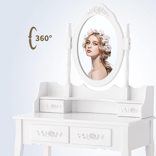 Vanity Table Set with 4 Drawer, Makeup Dressing Table w/Cushioned Stool, Girls Women Bedroom Furniture Set Oval Mirror eprolo