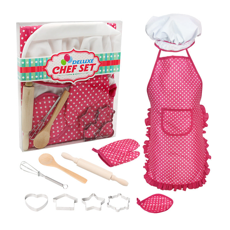 Children's Play House Kitchen Set Girls Cooking Baking Tools Cookware Pink Apron 11-Piece Toy Set eprolo
