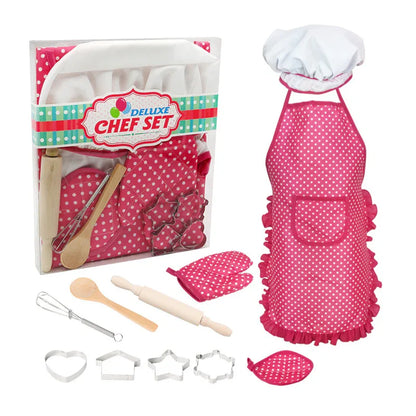 Children's Play House Kitchen Set Girls Cooking Baking Tools Cookware Pink Apron 11-Piece Toy Set - Shello's Creative Boutique