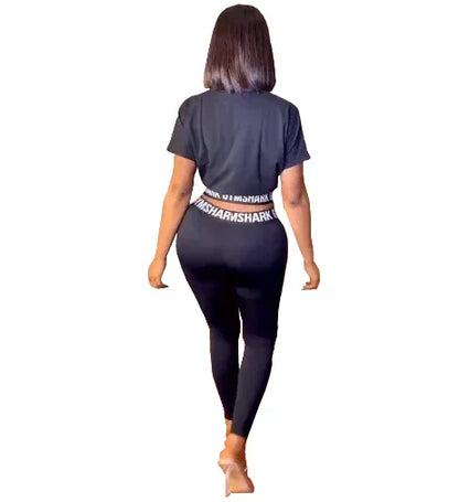 European and American women fashion casual printing black two piece set - Shello's Creative Boutique