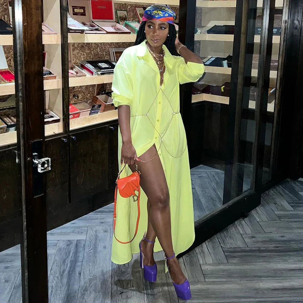 Casual Lapel Half Sleeve Shirt Dress Solid Color Long Jacket - Shello's Creative Boutique