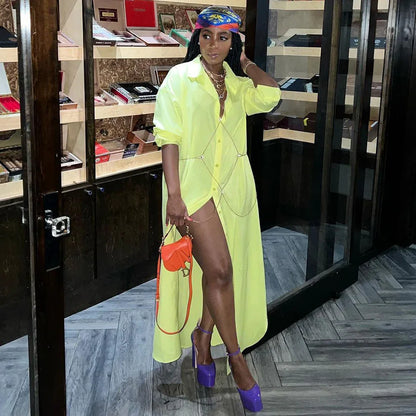 Casual Lapel Half Sleeve Shirt Dress Solid Color Long Jacket - Shello's Creative Boutique