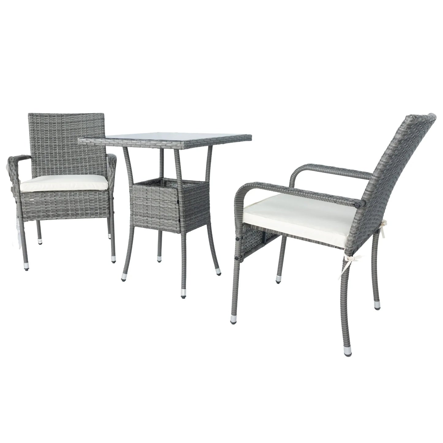 3 Piece Patio Wicker Conversation Set Grey Wicker + white Cushion - Shello's Creative Boutique
